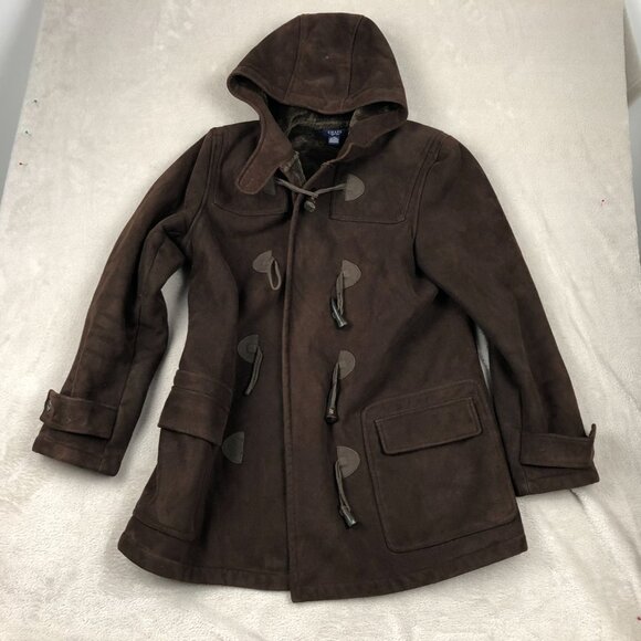 Chaps Womens Peacoat Jacket Medium Brown Faux Suede Toggle Coat Hooded Retro - Picture 9 of 10